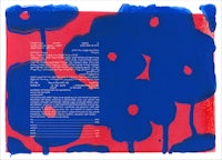 a blue and red painting of flowers on a blue background