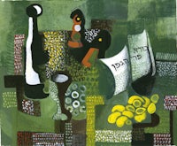 a painting of a group of people and a bottle of wine