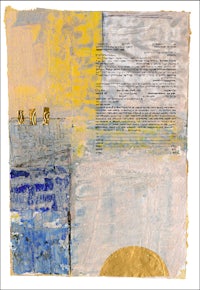 a piece of paper with a yellow and blue background
